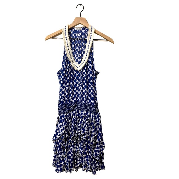 Poupette St Barth Dresses & Skirts - Poupette St Barth Blue & Cream Fringe Ruffle Fit & Flare Dress Size Small
